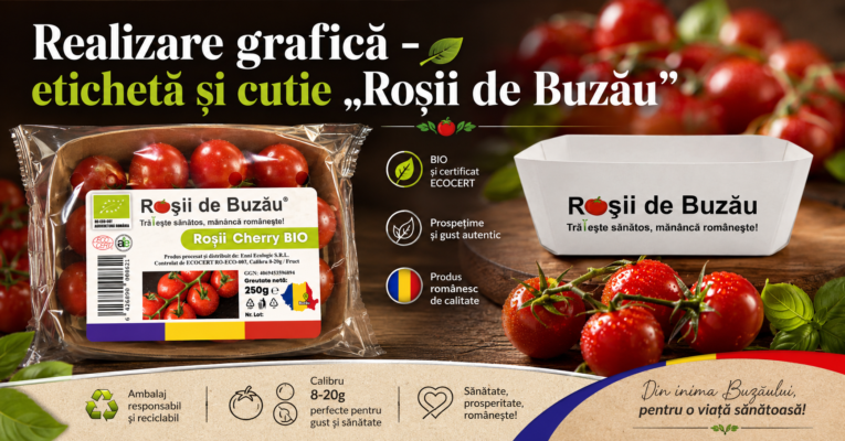 Realizare grafică etichetă și cutie Roșii de Buzău branding profesional ambalaj legume design cutie carton pentru supermarket identitate vizuală de impact la raft