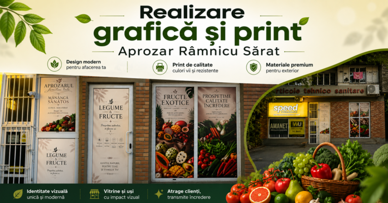 Realizare grafică și print Aprozar Râmnicu Sărat cu design personalizat pentru vitrine uși comerciale geamuri și autocolante premium realizate cu materiale rezistente